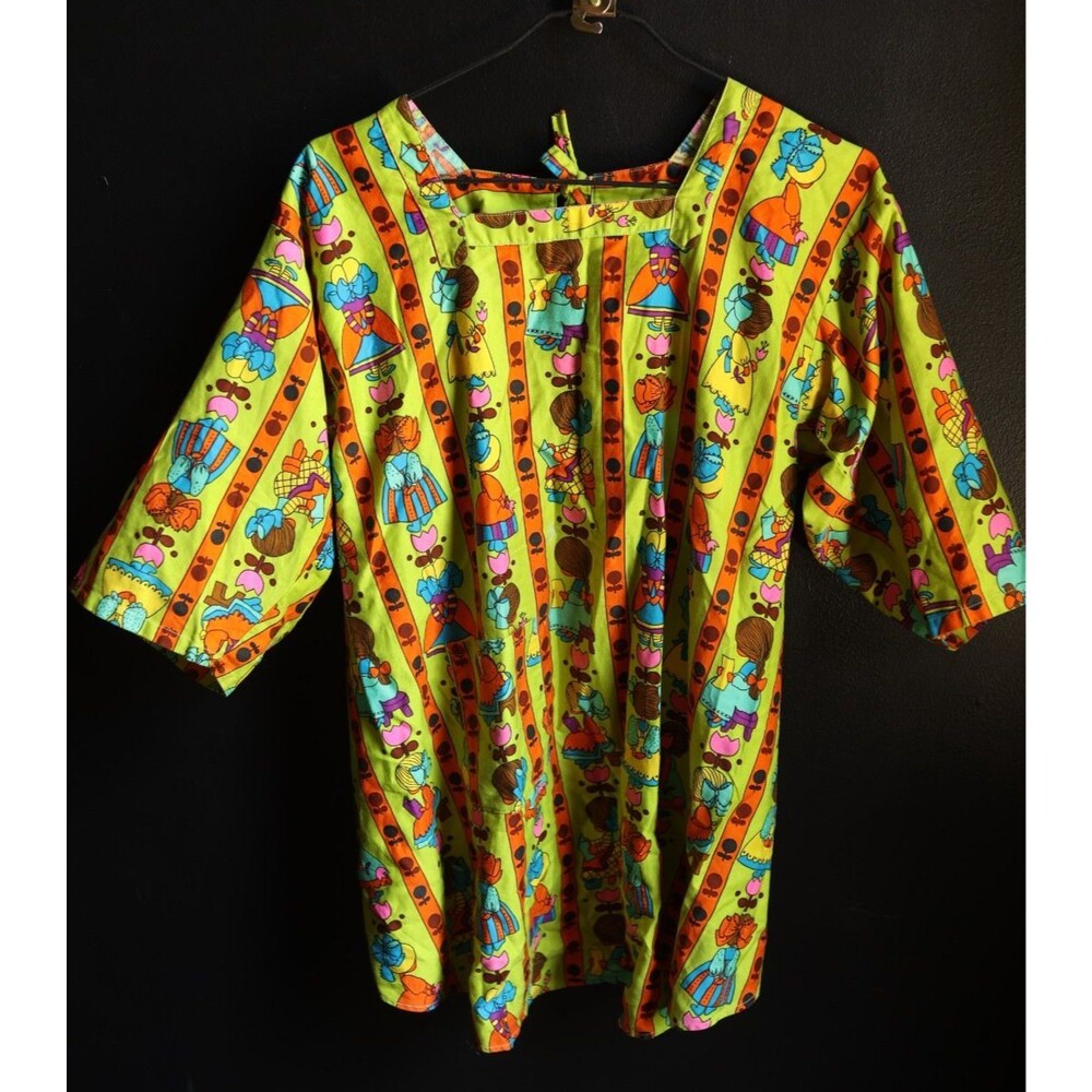 Vintage MCM 70s Design House Smock Apron Tie Artsy Painter Little Girl Print
